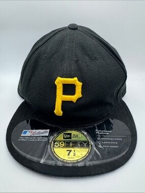 Vintage New Era Pittsburgh Pirates Fitted Hat Size 7 1/2 Black Made In USA